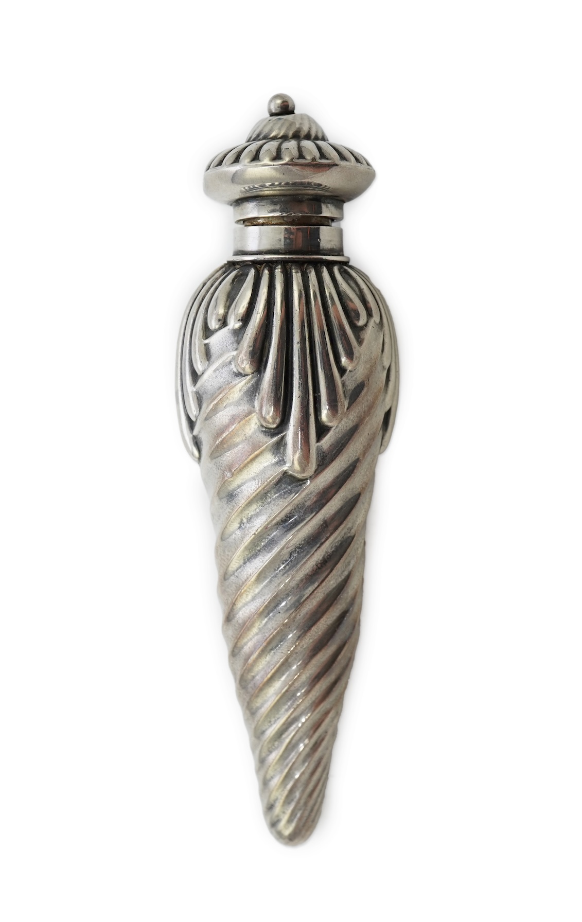 A late Victorian silver scent flask, of spiral tear drop form, with hinged cover and glass stopper